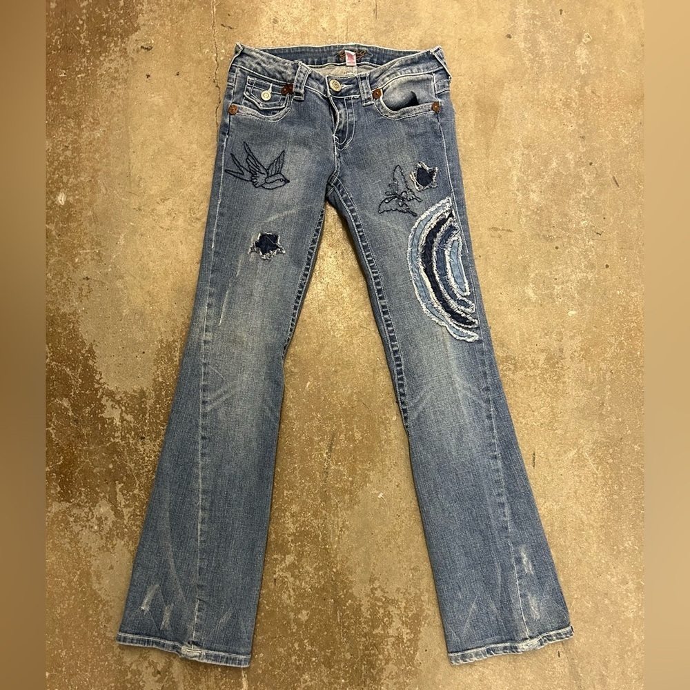 Y2k‎ yag denim low waisted flare jeans with Embroidery Blue Women's Jeans